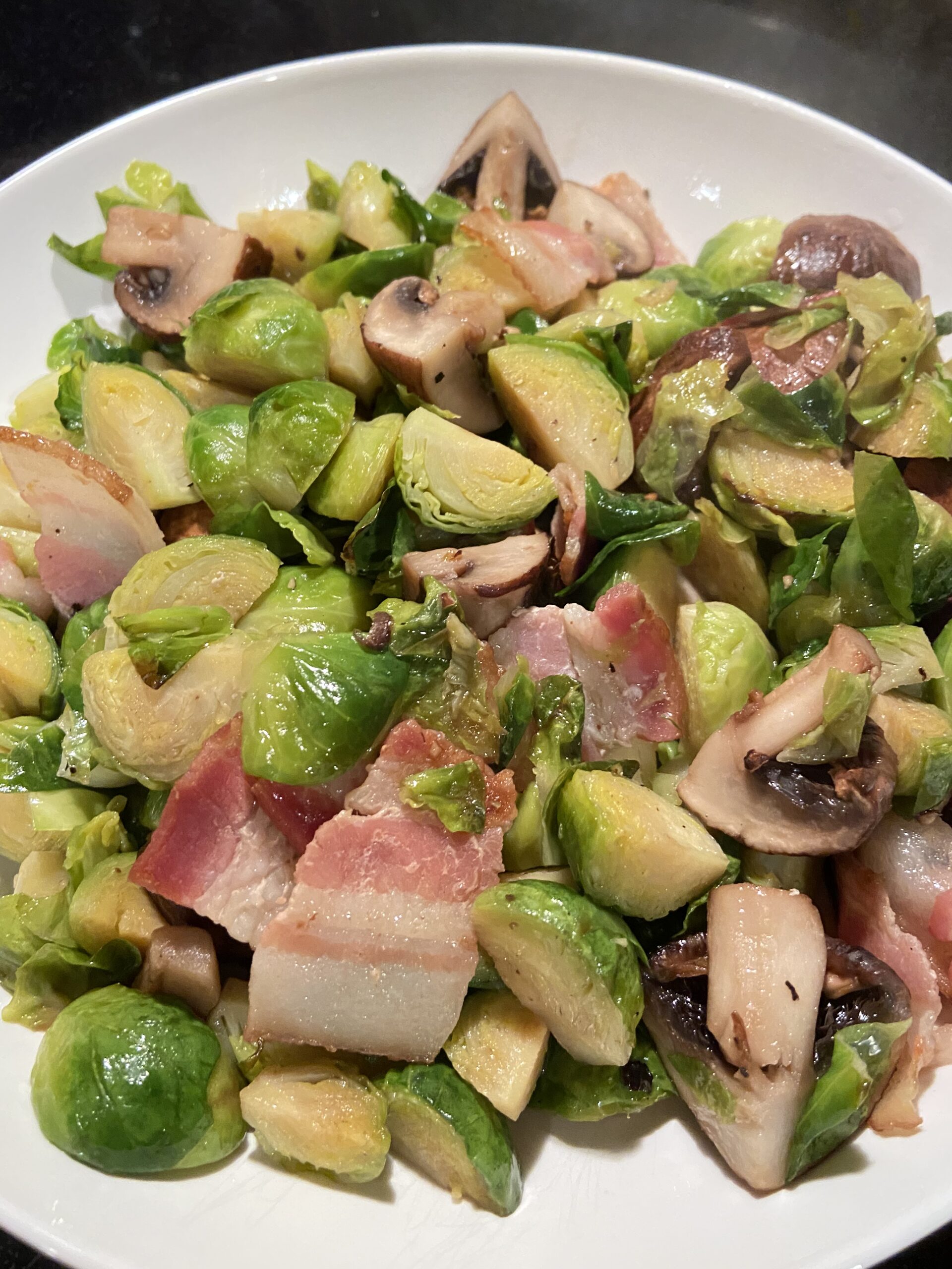 Keto Friendly Brussel sprouts roasted with bacon and mushroom – AirGO recipes by EZCuisine